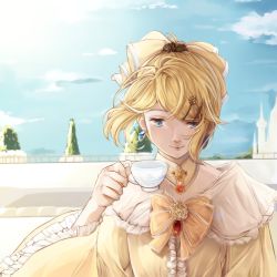 1girl aku_no_musume_(vocaloid) bad_id bad_pixiv_id balcony blonde_hair blue_eyes blue_sky bow bush castle choker cloud cup day dress drinking earrings evillious_nendaiki flat_chest frilled_sleeves frills hair_bow hair_ornament hairpin holding holding_cup jewelry kagamine_rin lens_flare lips princess riliane_lucifen_d&#039;autriche rlf_00 sky smile solo sun sunlight teacup torii updo vocaloid wide_sleeves yellow_dress rating:Sensitive score:2 user:danbooru