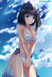 1girl aqua_eyes bare_shoulders bikini black_hair blunt_bangs breasts breasts_squeezed_together cleavage closed_mouth collarbone cowboy_shot flower hair_flower hair_ornament helvetica_std highres jewelry large_breasts looking_at_viewer medium_hair navel necklace original own_hands_together see-through sky smile solo striped_bikini striped_clothes swimsuit thighs v_arms rating:Sensitive score:6 user:danbooru