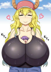10s 1boy 1girl age_difference between_breasts blush breasts closed_eyes cloud femdom fundoshi_(akitoshi1827) gigantic_breasts hat heart hetero kobayashi-san_chi_no_maidragon long_hair lucoa_(maidragon) magatsuchi_shouta mini_person miniboy monster_girl no_eyes open_mouth purple_hair shiny_clothes shota size_difference sky smile sweat wet rating:Questionable score:125 user:annon-san