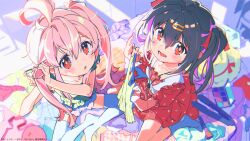 2girls :o absurdres adjusting_hair ahoge bed black_hair blush breasts dress end_card flat_chest from_above hair_between_eyes hair_ornament hair_ribbon hairclip highres holding holding_own_hair long_hair looking_at_viewer multicolored_hair multiple_girls official_art on_bed onii-chan_wa_oshimai! open_mouth oyama_mahiro oyama_mihari parted_lips pink_hair red_dress red_eyes red_ribbon ribbon shorts siblings sisters sitting small_breasts thighhighs white_thighhighs yoneyama_mai rating:Sensitive score:12 user:danbooru