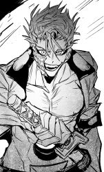  1boy absurdres arrancar bleach broken_mask collarbone collared_jacket evil_smile facial_mark greyscale grimmjow_jaegerjaquez hair_between_eyes halftone highres holding holding_sword holding_weapon hole_in_stomach hole_on_body jacket looking_at_viewer male_focus mask monochrome open_clothes open_jacket pectorals sheath sleeves_rolled_up smile solo sword teeth unsheathing upper_body weapon xi_luo_an_ya zanpakutou 