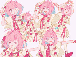  1girl ahoge angel_wings asymmetrical_legwear blue_hair breasts closed_eyes dancing dress fake_wings hamachamu heart heart_hands highres idolmaster idolmaster_cinderella_girls medium_hair multicolored_hair multiple_views outstretched_arms own_hands_together pink_eyes pink_footwear pink_hair pink_ribbon ribbon short_dress short_sleeves single_thighhigh smile spread_arms thighhighs thumbs_up white_dress white_thighhighs wings yumemi_riamu 