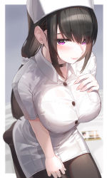 1girl bed_sheet black_choker black_hair black_pantyhose blurry border bra_visible_through_clothes bralines breasts choker commentary_request depth_of_field fang fang_out hand_on_own_chest hat highres id_card kfr large_breasts long_hair looking_at_viewer low_ponytail nurse nurse_cap original outside_border pantyhose pink_lips purple_eyes seiza sidelocks sitting skin_fang smile solo white_border rating:Sensitive score:10 user:danbooru