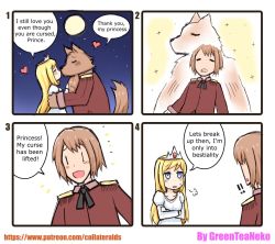  1girl bestiality blonde_hair blue_eyes brown_hair comic copyright_request crown greenteaneko left-to-right_manga prince princess transformation wolf  rating:Questionable score:48 user:ValkyrieZero