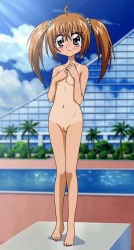  00s 1girl barefoot blue_eyes blush breasts brown_hair feet flat_chest hair_ornament hairpin kirarin_revolution loli nipples nude nude_filter outdoors pool pussy small_breasts solo tan tanline tears thigh_gap thighs third-party_edit toes tsukishima_kirari twintails uncensored zenra  rating:Explicit score:34 user:atrack