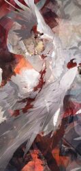  1girl abstract_background absurdres arms_up bird_wings bleeding blonde_hair blood blood_from_mouth blood_on_chest blood_on_face blood_on_hands breasts chimera commentary dungeon_meshi english_commentary expressionless falin_touden falin_touden_(chimera) feathered_wings feathers highres kurage_(nai_chuanqi) medium_breasts monster_girl multicolored_background multiple_wings parted_lips short_hair slit_pupils solo taur underboob wings yellow_eyes 