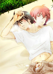  2boys black_hair conjoined handjob male_focus masturbation matching_hair/eyes multi_head multiple_boys outdoors penis red_eyes red_hair shirt siblings smile twins what white_shirt yaoi  rating:Explicit score:15 user:TheDunno