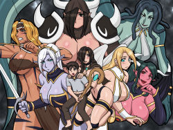  1boy 6+girls black_hair blonde_hair blush breasts cleavage colored_skin fantasion game green_eyes green_hair harem huge_breasts large_breasts long_hair multiple_girls open_mouth ponytail red_eyes red_skin smile white_hair  rating:Questionable score:23 user:hotdlova