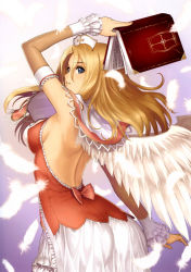  10s 1girl absurdres angel_wings arched_back arm_up armpits back bare_shoulders blonde_hair blue_eyes book bow breasts detached_sleeves feathers female_focus frills headdress highres long_hair looking_back parted_lips rufina_(shining_hearts) sega shining_(series) shining_hearts sideboob skirt solo tony_taka wings  rating:Sensitive score:47 user:danbooru