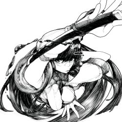  1girl ainu_clothes arms_up attack black_hair blood breasts fingerless_gloves gloves hair_ribbon hanging_breasts highres large_breasts long_hair looking_at_viewer monochrome nakoruru parted_lips ribbon samurai_spirits serious snk solo the_king_of_fighters traditional_media 