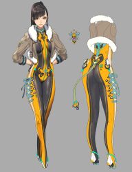  1girl ass black_hair blunt_bangs bodysuit breasts brown_eyes character_sheet concept_art cyborg eve_(stellar_blade) full_body highres long_hair looking_at_viewer medium_breasts official_art ponytail simple_background skin_tight smile solo stellar_blade thighs very_long_hair 