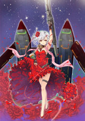  1girl arm_ribbon arm_up ash_arms belt black_belt black_gloves breasts cannon closed_mouth commentary_request detached_collar dress fingerless_gloves flower frilled_dress frills full_body gloves gun hair_flower hair_ornament half-closed_eyes holding holding_gun holding_weapon long_dress looking_at_viewer mecha medium_breasts night night_sky pe-2_(ash_arms) red_dress red_flower red_footwear red_rose ribbon robot rose shoes short_hair silver_hair skirt_hold sky smile solo standing star_(sky) starry_sky stole strapless strapless_dress thigh_strap tougarashi_hideyu weapon yellow_eyes 