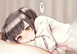 1girl :o black_hair blush brown_eyes commentary_request idolmaster idolmaster_shiny_colors long_sleeves looking_at_viewer lying mayuzumi_fuyuko on_side shirt short_hair solo sunaba_suzume translation_request twintails white_shirt rating:Sensitive score:33 user:danbooru
