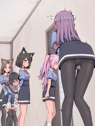 5girls ^^^ animal_ear_fluff animal_ears armband arms_behind_back ass between_legs black_hair black_legwear black_skirt blue_eyes blue_shirt blush bob_cut bow bowtie breasts brown_hair buttons cat_ears cat_girl cat_tail closed_mouth clothes_writing collared_shirt ear_blush embarrassed female_focus frilled_shirt frills from_behind from_side green_eyes hair_intakes hair_ornament hair_tie half-closed_eyes hand_between_legs hands_on_own_thighs have_to_pee high-waist_skirt highres indoors japanese_text juliet_sleeves kneepits knees_together_feet_apart leaning_forward long_hair long_sleeves looking_at_another looking_to_the_side miniskirt multiple_girls nose_blush one_eye_closed open_mouth orange_eyes original panties panties_under_pantyhose pantyhose pee peeing peeing_self pink_hair polly_(rune_(dualhart)) profile puffy_short_sleeves puffy_sleeves purple_hair queue red_bow red_neckwear rita_(rune_(dualhart)) rune_(dualhart) school_uniform shirt shirt_tucked_in short_hair short_sleeves shuriken_hair_ornament sidelocks skirt skirt_hold small_breasts socks standing suri_(rune_(dualhart)) surprised sweat tail tail_bow tail_ornament thalia_(rune_(dualhart)) thighband_pantyhose thighhighs translation_request trembling two_side_up underwear wavy_mouth wet wet_clothes white_legwear white_panties wince yurina_(rune_(dualhart)) zettai_ryouiki rating:Questionable score:179 user:AngryZapdos