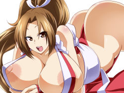 1girl :d areola_slip ass breasts brown_eyes brown_hair bursting_breasts covered_erect_nipples curvy fatal_fury female_focus fingerless_gloves gloves highres huge_areolae huge_ass huge_breasts huge_nipples japanese_clothes kobayashi_tetsuya large_breasts long_hair lying nipples on_stomach open_mouth panties ponytail puffy_nipples shiranui_mai simple_background smile solo the_king_of_fighters thong underwear white_background rating:Questionable score:91 user:Xander
