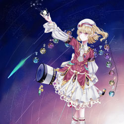 1girl alternate_costume blonde_hair blue_background blue_brooch brooch closed_mouth crystal earrings falling_star feet_out_of_frame flandre_scarlet frilled_socks frills hat hat_ribbon highres jewelry jupiter_symbol layered_clothes layered_shirt layered_skirt layered_sleeves long_sleeves mars_symbol medium_hair mercury_symbol mob_cap multicolored_wings neptune_symbol night night_sky osakana outdoors pink_background pluto_symbol pointy_ears puffy_long_sleeves puffy_sleeves purple_background red_eyes red_ribbon red_shirt ribbon saturn_symbol shirt short_over_long_sleeves short_sleeves skirt sky smile socks solo star_(sky) starry_sky telescope touhou uranus_symbol venus_symbol white_hat white_shirt white_skirt white_socks wings