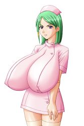  1girl absurdres angry arm_under_breasts breasts covered_erect_nipples gigantic_breasts green_hair hat highres nakagama_yasukazu nurse nurse_cap purple_eyes solo_focus  rating:Questionable score:21 user:Really_Some