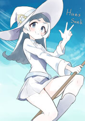  1girl artist_name barbara_parker belt blue_eyes blue_hair boots broom broom_riding cloud cloudy_sky commentary domdom dress hat knee_boots little_witch_academia long_hair looking_to_the_side luna_nova_school_uniform night school_uniform sky smile solo star_(sky) v witch witch_hat 