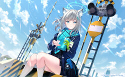  1girl animal_ears bag black_skirt blue_archive blue_coat blue_eyes blue_halo blue_necktie blue_scarf blue_sky closed_mouth cloud cloudy_sky coat commentary_request cup dutch_angle grey_hair halo highres holding holding_cup long_sleeves looking_at_viewer matanonki necktie outdoors railroad_crossing scarf school_bag school_uniform shiroko_(blue_archive) shirt short_hair sitting skirt sky smile socks solo thighs white_shirt white_socks wolf_ears wolf_girl 