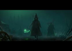  5others aura black_border black_robe border commentary dark_aura english_commentary flag green_background green_theme harry_potter_(series) highres holding holding_wand hood hood_up hooded_coat magic mask multiple_others pointy_hat robe silhouette slytherin smoke tent tower wand wheel wizarding_world xexumedina 