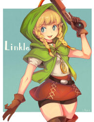  1girl absurdres blonde_hair blue_eyes blush boots braid brown_footwear brown_gloves character_name choker commentary_request gloves highres hyrule_warriors linkle looking_at_viewer medium_hair nintendo open_mouth sho.t short_sleeves smile solo teeth the_legend_of_zelda thigh_boots twin_braids upper_teeth_only 