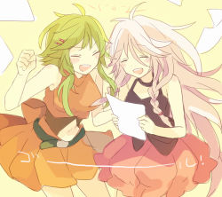  2girls \(^o^)/ ^_^ akiyoshi_(tama-pete) bare_arms bare_shoulders black_choker black_shirt braid choker clenched_hand closed_eyes cowboy_shot crying closed_eyes floating green_hair gumi hair_ornament hairclip happy happy_tears holding holding_paper ia_(vocaloid) jumping long_hair lowres multiple_girls navel open_mouth orange_background orange_shirt orange_skirt paper pink_skirt shirt short_hair_with_long_locks short_sleeves simple_background skirt sleeveless sleeveless_shirt smile tears teeth thighs translation_request upper_body vocaloid white_hair 