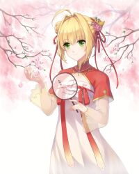  1girl ahoge alternate_costume alternate_hairstyle blonde_hair blush cherry_blossoms chinese_clothes closed_mouth double_bun dress fate/extra fate/grand_order fate_(series) flower green_eyes hair_between_eyes hair_bun hair_flower hair_intakes hair_ornament hair_ribbon hand_fan hanfu highres holding holding_fan long_sleeves looking_at_viewer nero_claudius_(fate) nero_claudius_(fate)_(all) nero_claudius_(fate/extra) paper_fan peach_blossom pink_flower qixiong_ruqun red_ribbon ribbon see-through see-through_sleeves short_hair sidelocks smile solo standing tange_sakura tuanshan uchiwa wide_sleeves yinwu 