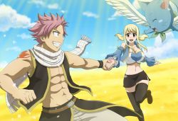  1boy 1girl bad_id bad_pixiv_id black_skirt black_thighhighs blonde_hair bluesnowcat breasts brown_eyes cleavage cloud day eye_contact fairy_tail happy happy_(fairy_tail) hetero holding_hands long_hair looking_at_another lucy_heartfilia medium_breasts natsu_dragneel navel open_mouth outdoors pink_hair scarf short_hair skirt sky spiked_hair tattoo thighhighs twintails white_scarf zettai_ryouiki 