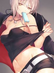 1girl artoria_pendragon_(all) artoria_pendragon_(alter_swimsuit_rider)_(fate) artoria_pendragon_(fate) bad_id bad_twitter_id bare_shoulders belt belt_buckle black_camisole black_jacket black_ribbon black_shorts blonde_hair breasts buckle camisole cleavage clothes_down collarbone cosplay covered_erect_nipples eating fate/grand_order fate_(series) fingernails food grey_background groin hair_ribbon highres ice_cream jacket jewelry long_hair looking_at_viewer medium_breasts midriff navel necklace no_bra official_alternate_costume open_clothes open_jacket popsicle ribbon saber_alter saber_alter_(cosplay) saber_alter_(ver._shinjuku_1999)_(fate) shorts simple_background solo vivi_(eve_no_hakoniwa) wet white_belt yellow_eyes rating:Questionable score:21 user:danbooru