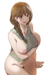  1girl bow_(bhp) braid braided_ponytail breasts brown_eyes brown_hair character_request chinese_commentary collarbone commentary_request copyright_request earrings jewelry large_breasts long_hair mole mole_on_breast mole_on_neck nipples simple_background sitting solo thighs white_background  rating:Questionable score:17 user:danbooru