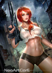 1girl abs assault_rifle breasts bullpup collarbone cowboy_shot crop_top crop_top_overhang cropped_jacket eyebrows gun large_breasts lips lipstick long_hair makeup midriff navel neoartcore nose original parted_lips post-apocalypse red_hair rifle short_shorts shorts solo sports_bra toned weapon wet wet_hair rating:Sensitive score:103 user:danbooru