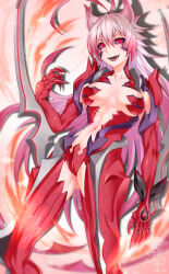  1girl absurdres amaha_masane arm_blade black_sclera breasts claws collarbone colored_sclera commission dated highres large_breasts long_hair looking_at_viewer navel open_mouth piercing pink_hair red_eyes shin_(ultramarine430) signature skeb_commission solo tongue_piercing very_long_hair weapon witchblade 
