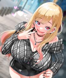  1girl bare_shoulders black_nails black_skirt blonde_hair blurry blurry_background bra_strap breasts checkered_clothes city cleavage collarbone cowboy_shot day dutch_angle ear_piercing earrings fingernails gradient_hair heart highres huge_breasts jewelry kitagawa_marin leaning_forward long_hair long_sleeves looking_at_viewer miniskirt multicolored_hair nail_polish off_shoulder open_mouth outdoors piercing pink_hair red_eyes sharp_fingernails shirt skirt smile solo sono_bisque_doll_wa_koi_wo_suru standing two-tone_hair v yac_(mokkori) 