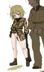  1boy 1girl black_gloves blush boots bottomless embarrassed faceless faceless_male girl+boy_peeing_together gloves green_eyes gun highres holding holding_gun holding_weapon light_brown_hair looking_at_another military military_uniform open_mouth original peeing pussy short_hair simple_background smile standing sweatdrop tayu_hentai uncensored uniform weapon white_background 