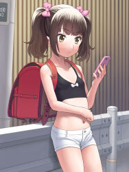  1girl backpack bag blush bow breasts brown_hair cellphone closed_mouth collarbone commentary_request hair_bow highres holding holding_phone loli looking_at_phone meow_(nekodenki) midriff navel original phone pink_bow randoseru short_shorts shorts small_breasts solo standing thighs twintails white_shorts yellow_eyes 