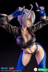  1girl ahoge angel_(kof) belt boots breasts chaps cleavage closed_mouth collarbone cropped_jacket figure fingerless_gloves gloves hair_over_one_eye hands_up horns_pose index_finger_raised jacket knee_boots kotobukiya_bishoujo large_breasts leather leather_jacket lips navel official_art panties short_hair sleeves_rolled_up smile snk stomach the_king_of_fighters the_king_of_fighters_2001 underwear white_hair zipper zipper_pull_tab 