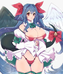  1girl angel_wings asymmetrical_wings bikini blue_hair blush bow bowtie breasts chemaru_(a8l) christmas cleavage detached_sleeves dizzy_(guilty_gear) dress frilled_dress frilled_skirt frills gluteal_fold green_bow green_bowtie guilty_gear hair_ribbon highres large_breasts long_hair long_sleeves looking_at_viewer mature_female monster_girl own_hands_together panties puffy_long_sleeves puffy_sleeves red_bikini red_eyes red_panties red_ribbon ribbon simple_background skirt solo sparkle swimsuit tail tail_ornament tail_ribbon thick_thighs thigh_gap thigh_strap thighs twintails underwear white_background wings  rating:Sensitive score:14 user:danbooru