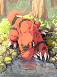  1other aomon_(yuuji7604) claws commentary day digimon digimon_(creature) dinosaur dinosaur_tail drinking forest grass guilmon highres lake lizard nature reflection reflective_water rock solo tail tree water  rating:Sensitive score:7 user:danbooru