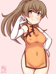  1girl alternate_costume artist_logo brown_hair china_dress chinese_clothes commentary_request covered_erect_nipples covered_navel cowboy_shot dated dress elbow_gloves gloves green_eyes hand_on_own_hip kanon_(kurogane_knights) kantai_collection kumano_(kancolle) long_hair one-hour_drawing_challenge orange_dress pink_background simple_background smile solo standing white_gloves 