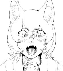  1girl animal_ear_fluff animal_ears body_fur cat_ears cat_girl cat_tail commentary dungeon_meshi english_commentary fangs fed_by_viewer feeding food greyscale hair_between_eyes highres izutsumi looking_down monochrome open_mouth portrait saliva short_hair simple_background solo spoon sweat tail tongue tongue_out twitter_username yunkey 