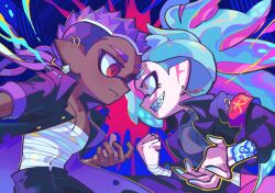  2boys abstract_background aura bandaged_arm bandaged_chest bandages black_jacket blue_background blue_hair clenched_hand closed_mouth commentary dark-skinned_male dark_skin earrings eye_contact grin highres hoop_earrings inkling inkling_boy inkling_player_character jacket jewelry long_hair looking_at_another male_focus mole mole_under_mouth multicolored_hair multiple_boys nintendo open_clothes open_jacket pink_eyes pink_hair pointy_ears purple_hair red_eyes sharp_teeth short_hair smile spiked_hair splatoon_(series) symbol-only_commentary teeth tentacle_hair two-tone_hair ufo_sw 