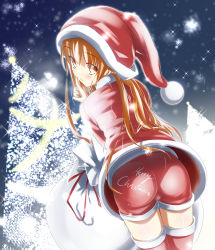 1boy absurdres androgynous ass bag blush boots brown_eyes brown_hair christmas christmas_tree from_behind hat highres leaning leaning_forward long_hair looking_back male_focus nao_(lead-pencil) original santa_costume shiny_skin shorts smile solo trap rating:Sensitive score:21 user:armorcrystal