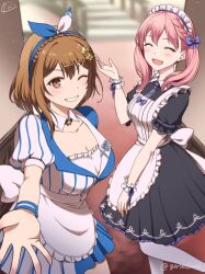  1girl :d ;) alternate_costume apron atelier_(series) atelier_escha_&amp;_logy atelier_ryza atelier_ryza_3 black_dress blue_dress blue_hairband blurry blurry_background braid breasts brown_eyes brown_hair choker commentary crown_braid detached_collar dress enmaided escha_malier facing_viewer hair_ornament hairband hairclip hari_(gorse6my) in-franchise_crossover large_breasts long_hair looking_at_viewer maid maid_apron maid_headdress one_eye_closed open_mouth pantyhose parted_lips pink_hair reaching reaching_towards_viewer reisalin_stout short_hair signature single_sidelock smile standing standing_on_one_leg star_(symbol) star_choker striped_clothes striped_dress twintails twitter_username two-tone_dress two-tone_hairband white_dress white_hairband white_pantyhose wing_collar x_hair_ornament 