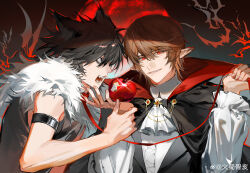 2boys absurdres alternate_costume animal_ears apple arm_at_side arm_strap artist_name ascot backlighting bags_under_eyes black_cape black_hair black_shirt black_vest brown_hair candlebones cape chinese_commentary collared_shirt commentary_request death_note fang fang_out fangs food frilled_sleeves frills fruit full_moon fur_cape grey_eyes grin hair_between_eyes hand_on_another&#039;s_chin hand_on_another&#039;s_wrist hand_up highres holding holding_food holding_fruit holding_leash l_(death_note) leash long_sleeves looking_at_another looking_at_viewer male_focus moon multiple_boys open_mouth pointy_ears red_eyes shirt short_hair sleeveless sleeveless_shirt smile upper_body vampire vampire_costume vest watermark weibo_logo weibo_watermark werewolf_costume white_ascot white_cape white_shirt wing_collar wolf_boy wolf_ears yagami_light yaoi