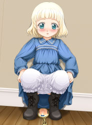 blonde_hair bloomers bloomers_pull blush body_exploration dress flat_chest indoors kahis_(sweetbriar) loli mirror open_mouth pussy reflection short_hair squatting tagme uncensored underwear rating:Explicit score:50 user:lurquaro