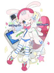  1girl ;d animal_ears artist_name barcode blue_eyes blue_panties blue_thighhighs blunt_bangs boots bow bow_panties bowtie cellphone child chizunyanko dated english_text fake_animal_ears flip_phone flower full_body fur-trimmed_boots fur_trim game_console gloves hair_flower hair_ornament halftone handheld_game_console head_tilt highres hood jacket long_hair long_sleeves looking_at_viewer mittens navel one_eye_closed open_clothes open_mouth original panties phone pink_bow pink_hair puffy_sleeves rabbit_ears rabbit_tail red_bow simple_background sleeves_past_fingers sleeves_past_wrists slippers smile solo star_(symbol) sticker striped_clothes striped_thighhighs tail thighhighs twintails two_side_up underwear white_background white_footwear white_thighhighs wings yellow_flower 