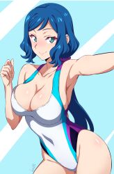 1girl absurdres aqua_eyes armpits batta_16-sei blue_background blue_hair blush breasts cleavage closed_mouth commentary competition_swimsuit covered_navel cowboy_shot gundam gundam_build_fighters highres iori_rinko large_breasts long_hair looking_at_viewer low_ponytail mature_female multicolored_clothes multicolored_swimsuit one-piece_swimsuit outstretched_arm parted_bangs ponytail scrunchie signature simple_background smile solo standing swimsuit white_one-piece_swimsuit rating:Sensitive score:63 user:danbooru