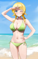 1girl ;d absurdres ahoge arm_up beach bikini blonde_hair blush breasts commentary green_bikini grin hachimiya_meguru hand_on_own_hip highres idolmaster idolmaster_shiny_colors large_breasts looking_at_viewer navel one_eye_closed open_mouth outdoors pdal_(pdalhhh) shading_eyes side-tie_bikini_bottom sideboob skindentation smile solo stomach swimsuit twintails 