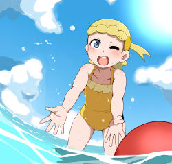  1girl ;d ball beach beachball blonde_hair blue_eyes blush bonnie_(pokemon) child cloud collarbone creatures_(company) flat_chest game_freak happy highres looking_at_viewer mantan nintendo ocean one_eye_closed open_mouth partially_submerged pokemon pokemon_(anime) pokemon_xy_(anime) sky smile solo splashing swimsuit  rating:Sensitive score:51 user:Perv-Ultra
