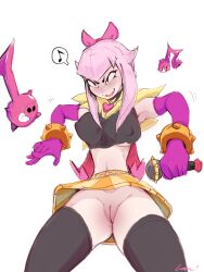  1girl :3 armpits bow brawl_stars breasts cleft_of_venus clothes_lift collar girl_on_top gloves heart highres large_breasts long_glove lora_c melodie_(brawl_stars) nipples nipples_through_clothes no_panties note open_mouth pink_bow pink_eyes pink_gloves pink_hair pussy simple_background skirt skirt_lift solo solo_focus thighhighs uncensored yellow_skirt 
